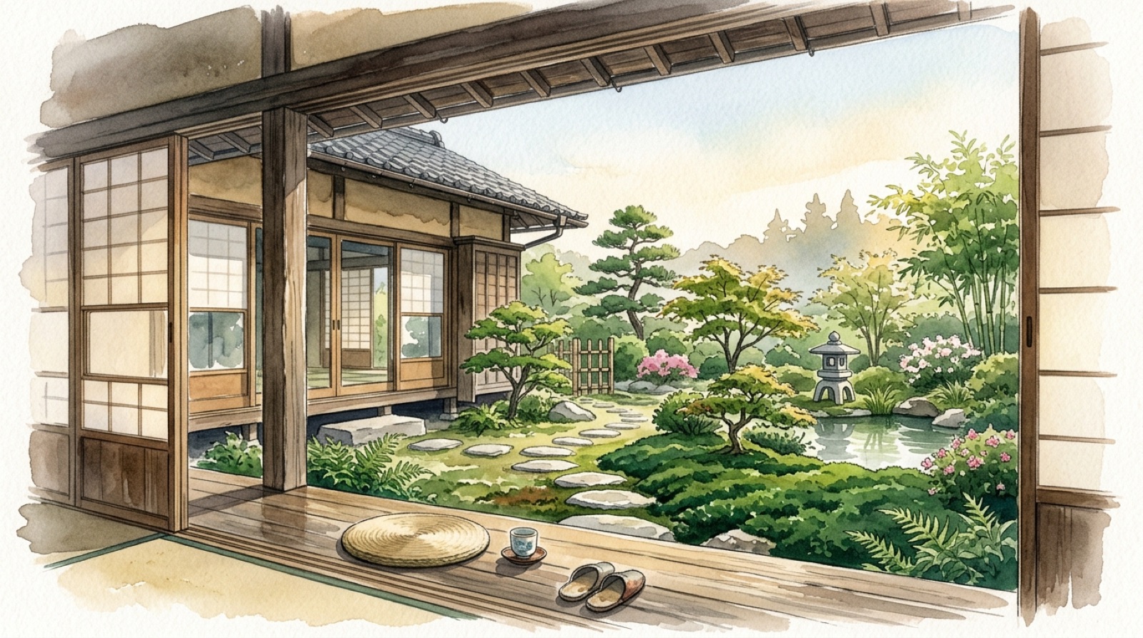 縁側から見える日本庭園の水彩画